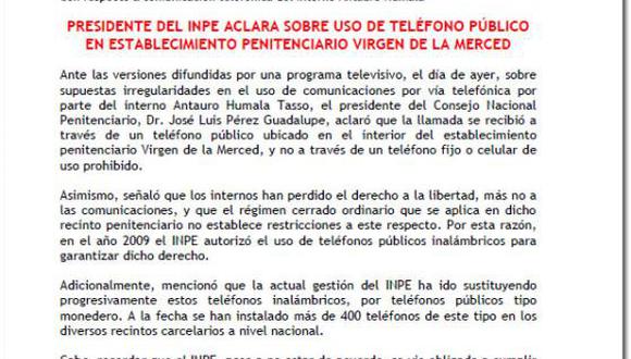 INPE niega que Antauro Humala use teléfono fijo en penal