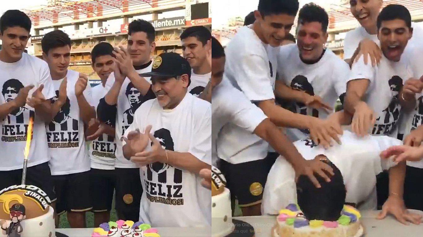 Maradona terminó con torta en la cara al celebrar su cumpleaños con Dorados (VIDEO)