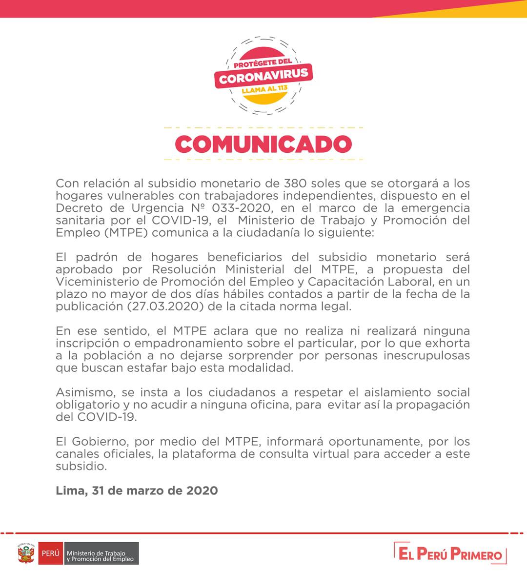 Comunicado del MTPE