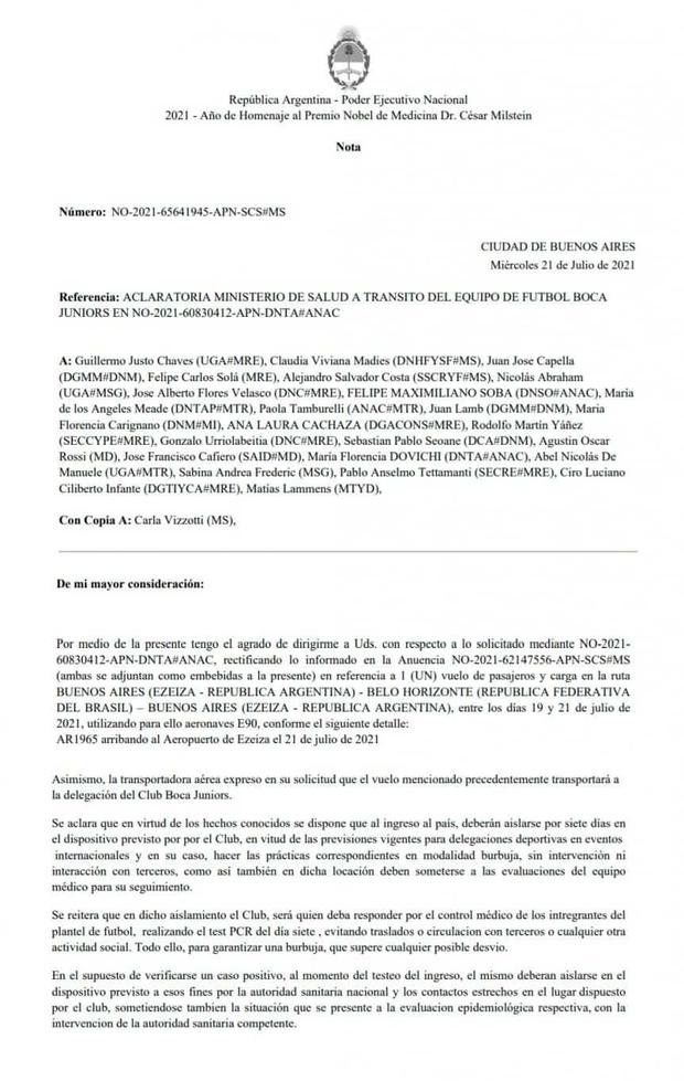 El comunicado del Ministerio de Salud sobre Boca Juniors.