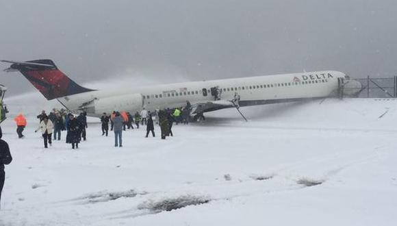 Nueva York: Avión despista en aeropuerto por tormenta de nieve (VIDEO)