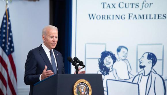 El presidente de EE. UU., Joe Biden, habla sobre los pagos de alivio del crédito tributario por hijos que son parte del Plan de rescate estadounidense durante un evento en el edificio de oficinas ejecutivas de Eisenhower en Washington, DC, el 15 de julio de 2021 (Foto: Saúl Loeb / AFP)