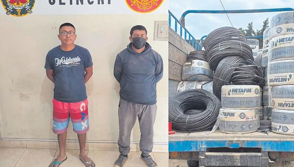 Los arrestan intentando huir a  bordo de un camión donde trasladaban 147 royos de manguera  valorizados en 117 mil soles.