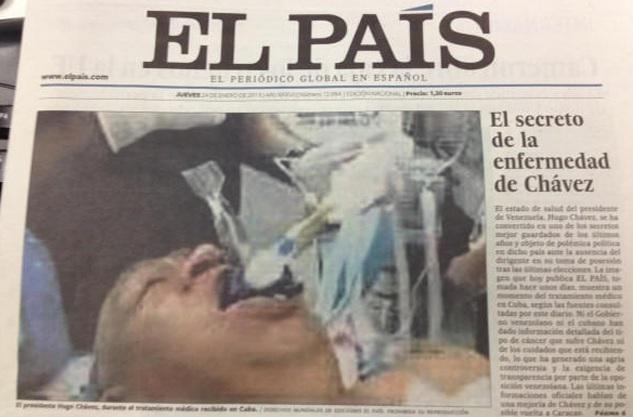 Diario El País publica en edición impresa presunta foto de Hugo Chávez entubado