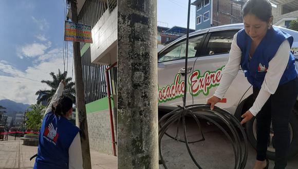 Letreros atados con alambres en postes de alumbrado público impiden el libre acceso para realizar el mantenimiento y reparación de los servicios de energía eléctrica, en la ciudad de Tingo María, en Huánuco./ Foto: Cortesía