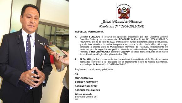 El JNE publicó la resolución n.° 2666-2022 con la que oficializa su decisión de dejar fuera de carrera electoral al candidato a la municipalidad de Huánuco, Jesús Giles/ Foto: Correo