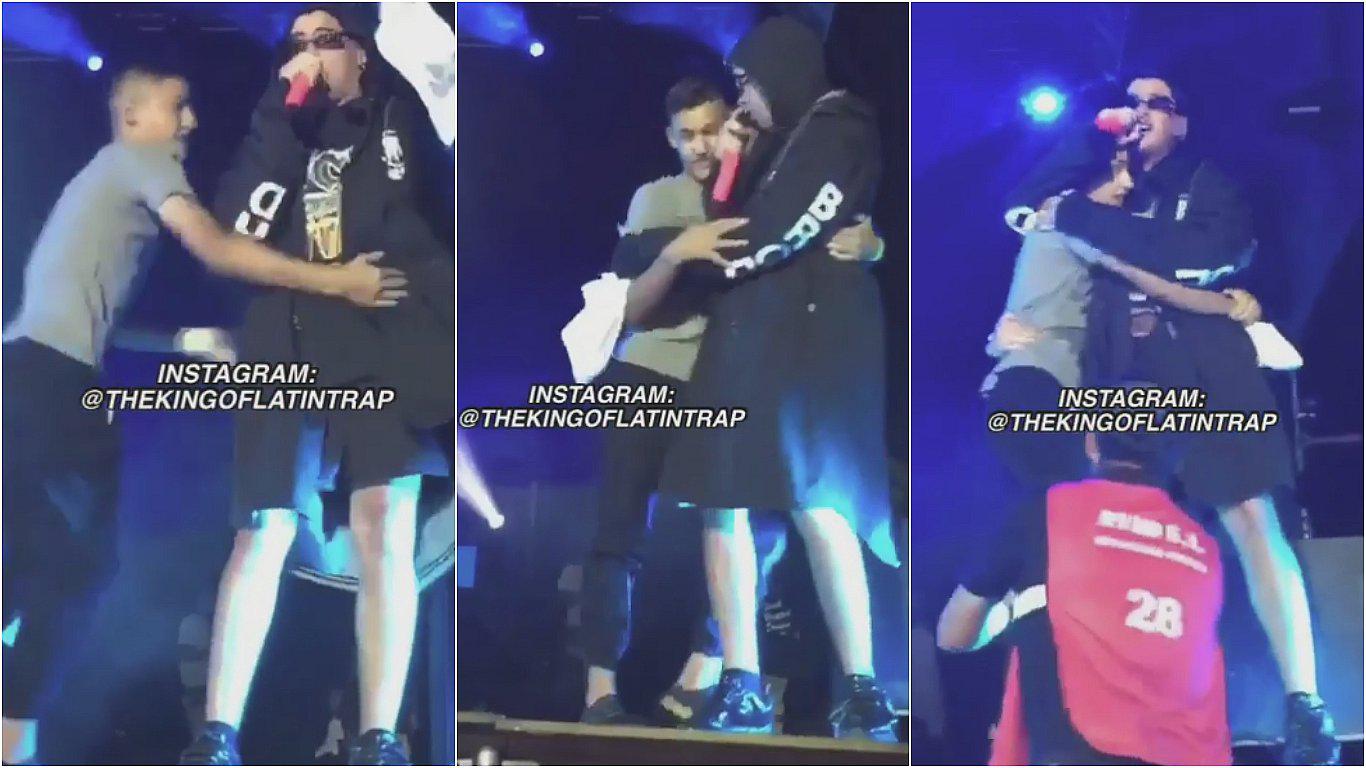 Bad Bunny es asustado por fan que subió a abrazarlo en escenario (VIDEO)