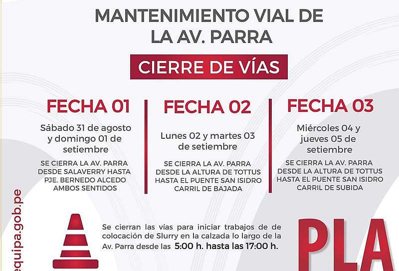 Cierran la Av. Parra en Arequipa hasta el 5 de setiembre