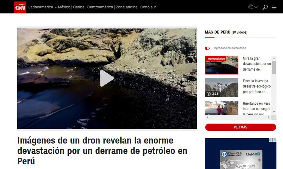 El Gobierno peruano pidió este miércoles que la empresa española Repsol actúe de forma urgente en la remediación del derrame de crudo ocurrido el sábado en el mar cuando un barco descargaba petróleo para la refinería de La Pampilla, que opera en la provincia del Callao. (Texto: EFE / Foto: captura CNN)