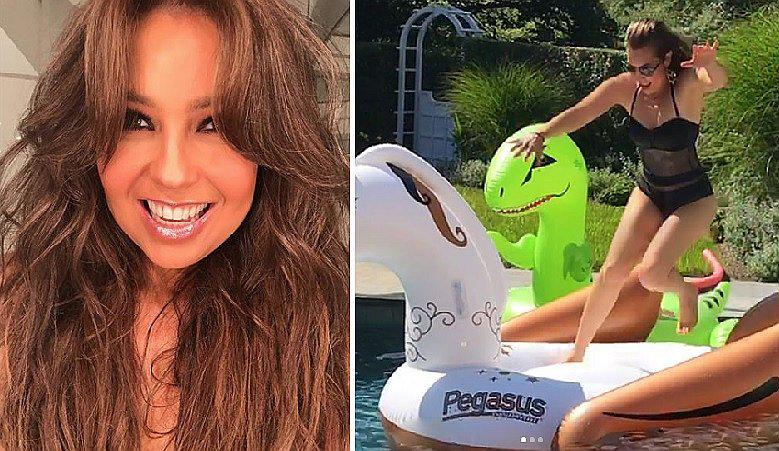 Thalía sufre pequeño accidente en la piscina (VIDEO)