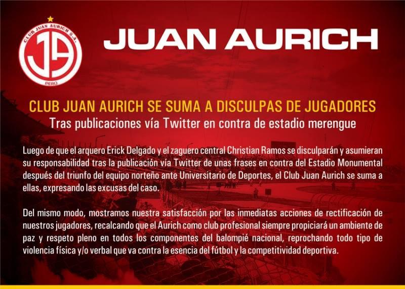 Juan Aurich pidió disculpas por tuits de Erick Delgado y Christian Ramos