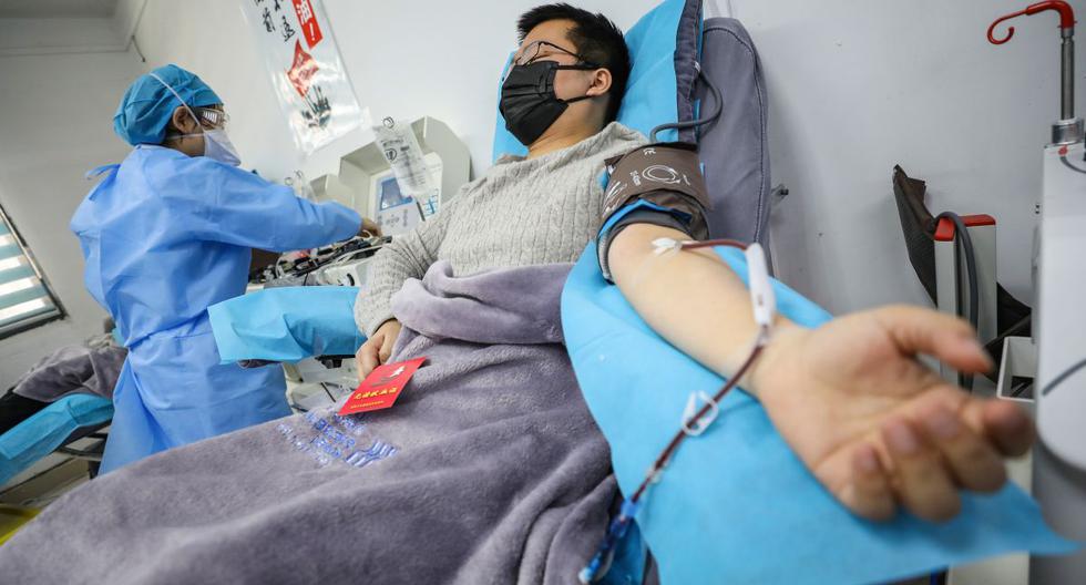 Esta foto tomada el 18 de febrero de 2020 muestra a un médico que se recuperó de la infección por el coronavirus COVID-19 donando plasma en Wuhan. (AFP)