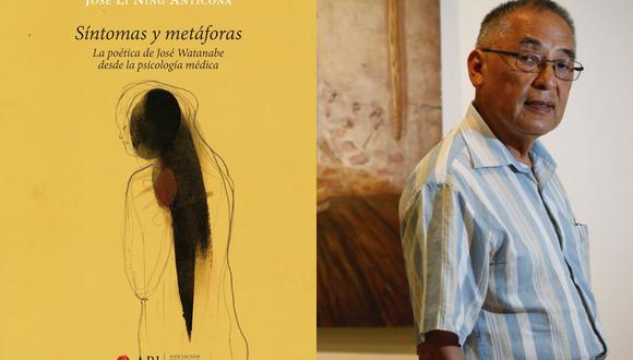 José Li Ning Anticona junto a la portada del libro "Síntomas y metáforas", que tiene la ilustración de Eduardo Tokeshi. (Foto: Asociación Peruano Japonesa)