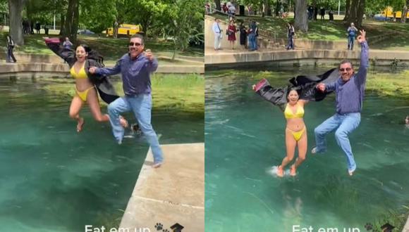 Es una tradición que los egresados de la Universidad Estatal de Texas salten en las aguas del río San Marcos. (Foto: @marisleyziem/composición)