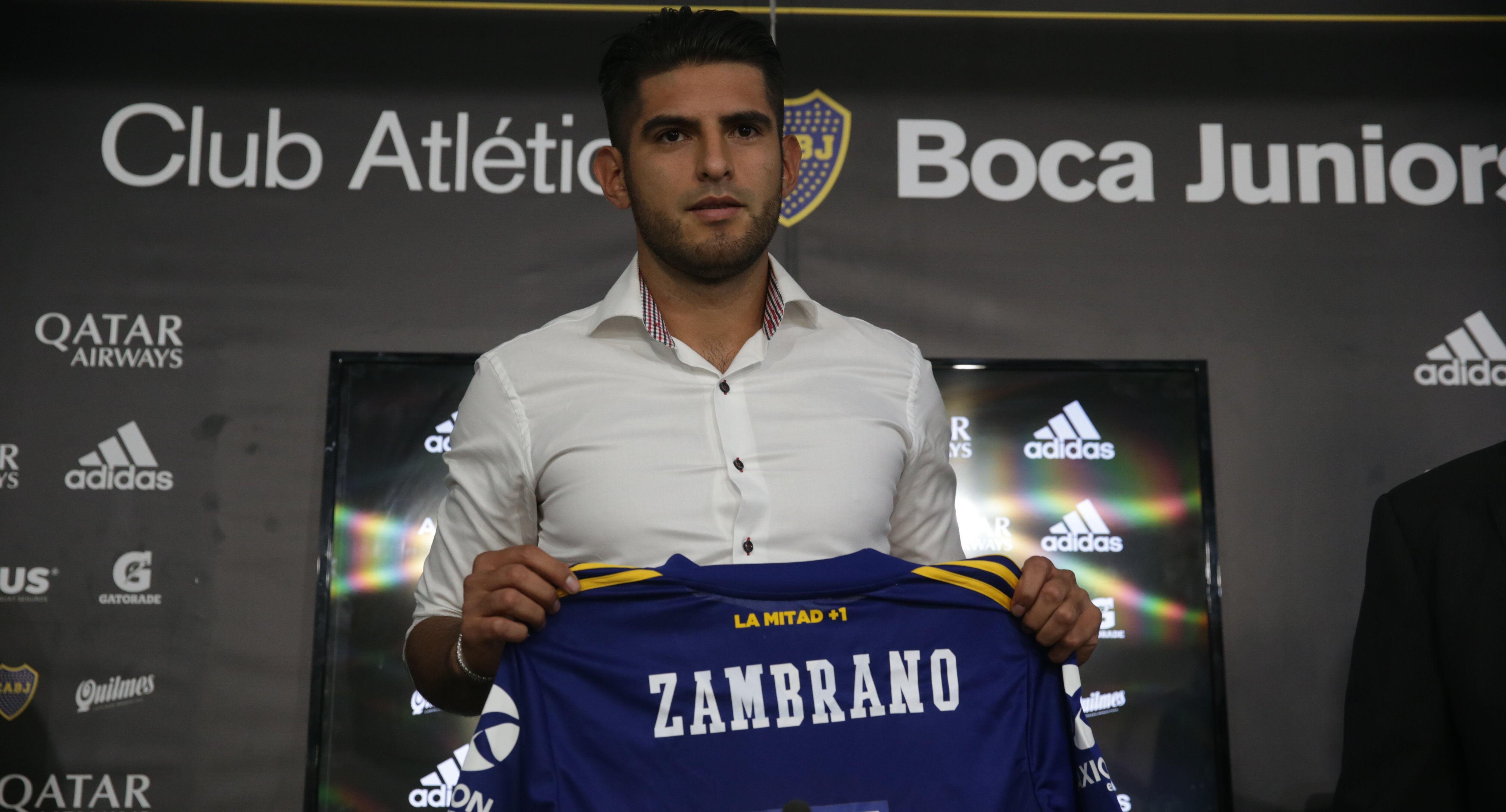 Carlos Zambrano, from Peru, poses for pictures as he is presented as a new Boca Juniors' player during a press conference in Buenos Aires, Argentina, Friday, Jan. 31, 2020. (AP Photo/Daniel Jayo)