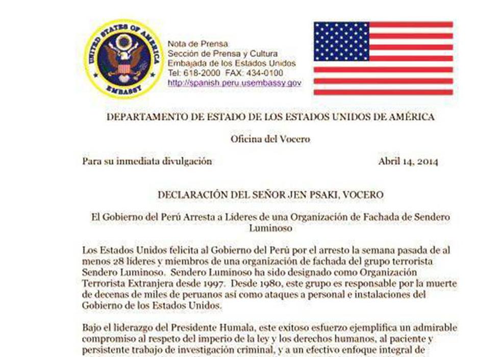 Estados Unidos felicita a Perú por captura de miembros de Movadef