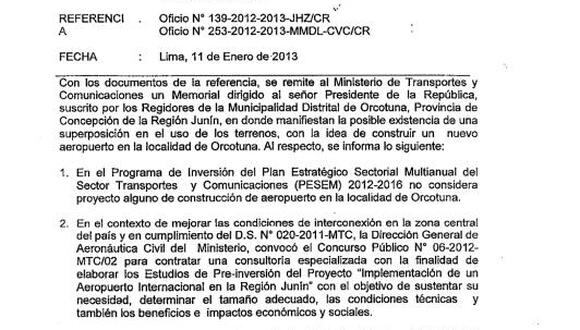 MTC confirma: No hay aeropuerto en Orcotuna