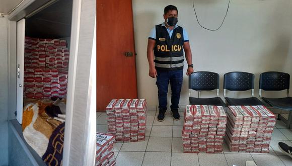 Tumbes: Hallan 60 mil cigarrillos paraguayos de contrabando escondidos en el camarote de ómnibus de transporte interprovincial y detienen a chofer y copiloto. (Foto PNP)