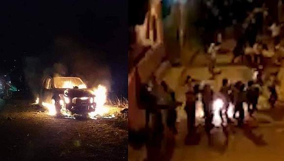 Turba quema patrullero y culpa de muerte de mujer a policías en Huánuco