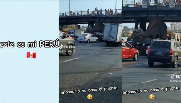 Dinosaurio genera congestión vehicular en puente Acho. (Foto: composición EC)