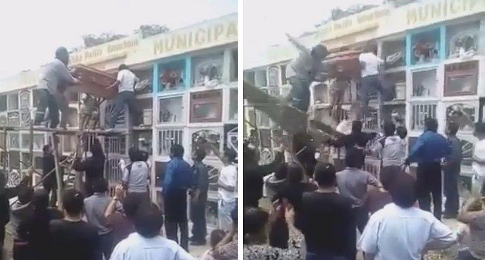 Cuatro familiares caen de andamio cuando intentan colocar ataúd en nicho (VIDEO)