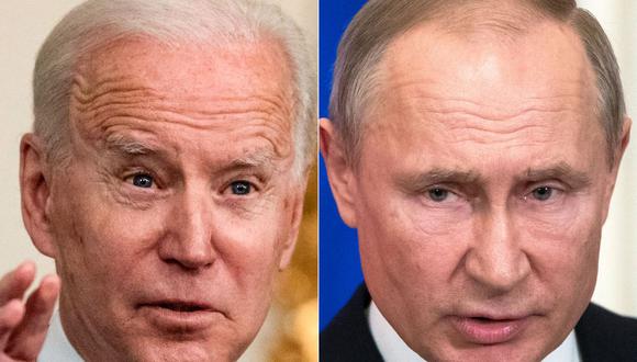 Los presidentes Joe Biden y Vladimir Putin comenzaron una llamada telefónica el 30 de diciembre de 2021 sobre soluciones diplomáticas para crecientes tensiones entre Rusia y Occidente sobre Ucrania, dijo la Casa Blanca. (Foto de Eric BARADAT y Pavel Golovkin / varias fuentes / AFP)