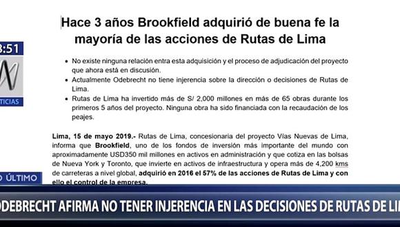 Odebrecht no interfiere en las decisiones de Rutas de Lima,según un comunicado (VIDEO)
