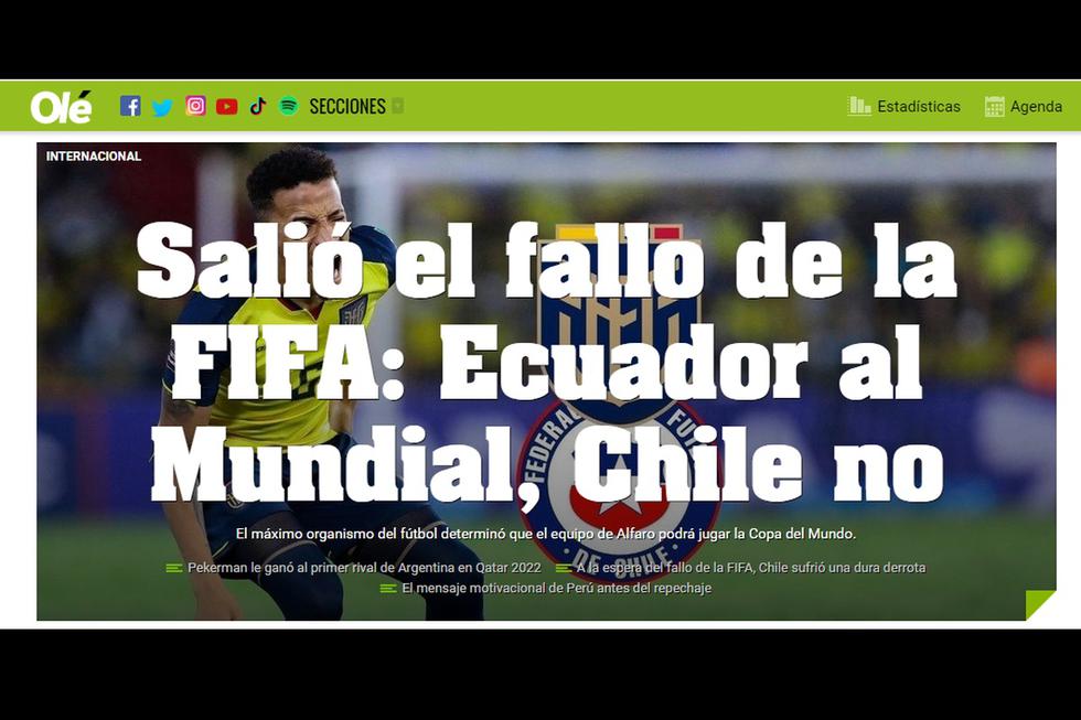 La reacción de la prensa internacional por el fallo de FIFA ante denuncia de Chile a Byron Castillo y Ecuador. (Fotos: Captura)