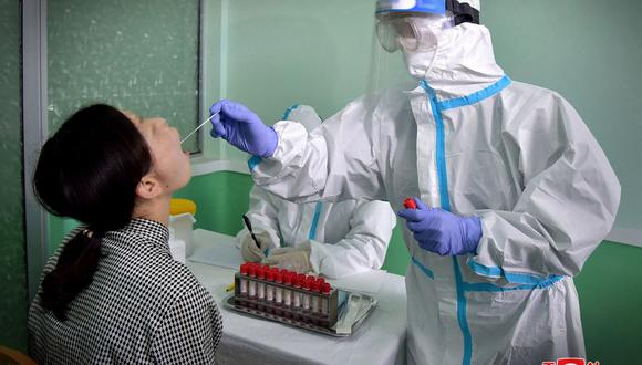Personal de la Estación de Saneamiento y Cuarentena de la ciudad de Pyongyang realizando pruebas para detectar infecciones por coronavirus Covid-19 en Pyongyang. (Foto de KCNA VÍA KNS / AFP)