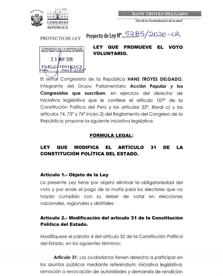 Acción Popular busca el voto voluntario a través de un proyecto de ley.