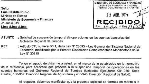 Contraloría pide al MEF suspender operaciones en cuentas bancarias de Región Tumbes