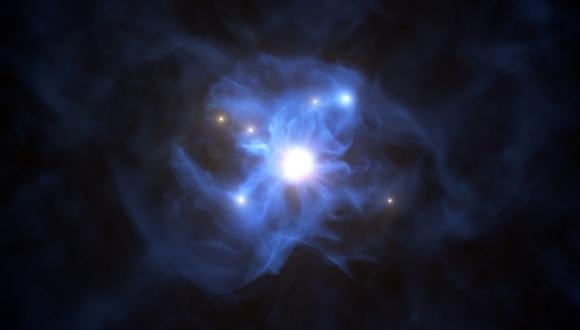 Una foto que el Observatorio Europeo Austral puso a disposición el 29 de septiembre de 2020 muestra la impresión de un artista del agujero negro central y las galaxias atrapadas en su red de gas. (Foto: L. CALCADA / European Southern Observatory / AFP)