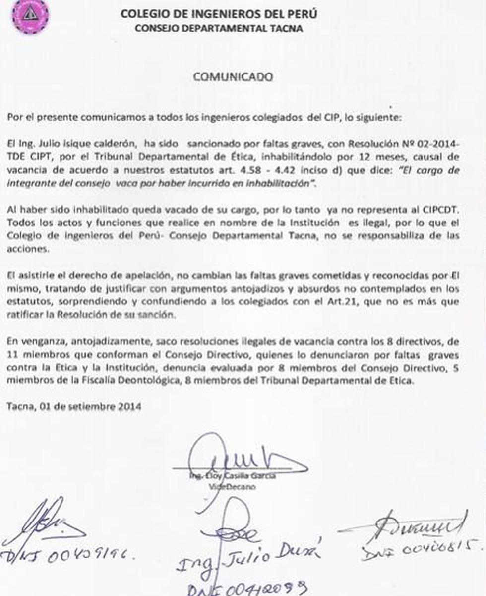 Inhabilitan a decano del colegio de ingenieros