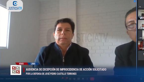 El expresidente Pedro Castillo participó en la audiencia de forma virtual desde el penal de Barbadillo. (Justicia TV)