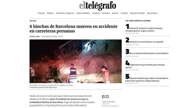 El diario El Telégrafo de Ecuador informó que la cancillería activará puntos de apoyo para hinchas del Barcelona SC accidentados en Perú. (El Telégrafo).