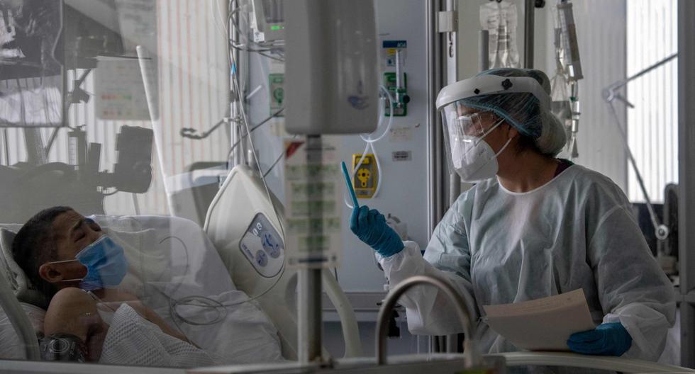 Un trabajador de salud realiza una videollamada con un pariente de un paciente infectado con coronavirus en un hospital de Bogotá. (Colombia). (AFP / Juan BARRETO).