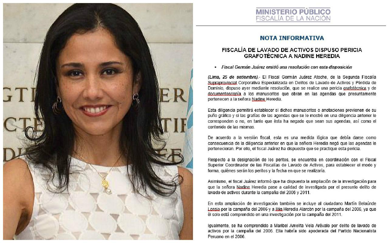 Nadine Heredia: Fiscal ordena que se someta a pericia grafotécnica y le amplían delitos
