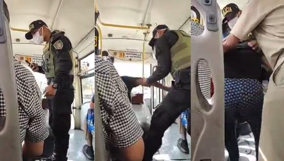 El policía haciendo uso de la fuerza contra una mujer que no quiso identificarse y lanzó una grosería. Foto: Facebook