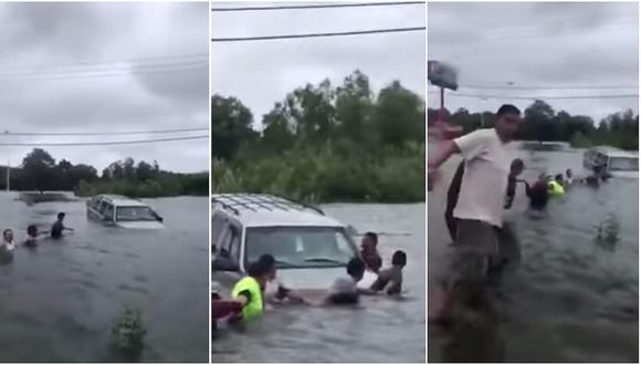 Huracán Harvey: forman cadena humana para salvar a un anciano atrapado en un auto (VIDEO)