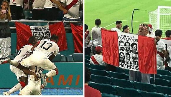 Hinchas celebran goles y triunfo de Perú con bandera de "No a la corrupción"