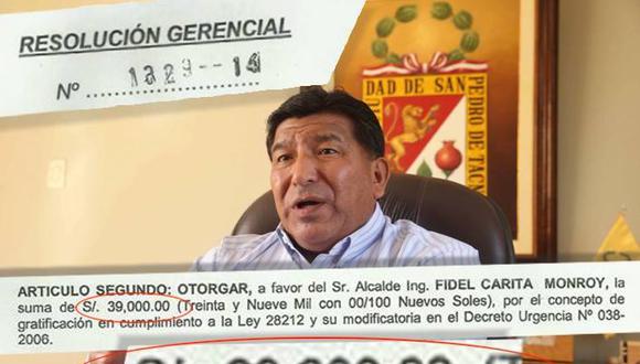 Alcalde de Tacna  Fidel Carita recibirá gratificación de S/.39 mil