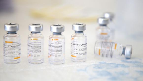 Imagen de los frascos de la vacuna Sinovac COVID-19 de fabricación china. (Gent SHKULLAKU / AFP).