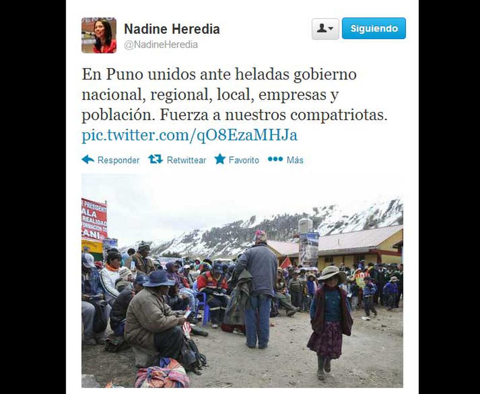 Nadine Heredia insta a unidad a autoridades, empresas y población ante heladas en Puno