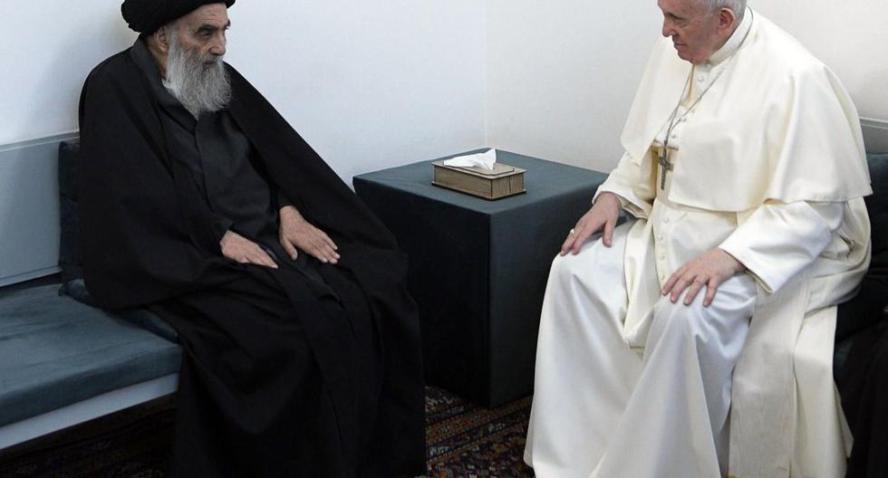 El papa Francisco se reúne con el principal clérigo chiíta de Irak, el gran Ayatolá Alí Sistani, en Nayaf, Irak, el 6 de marzo de 2021. (EFE).