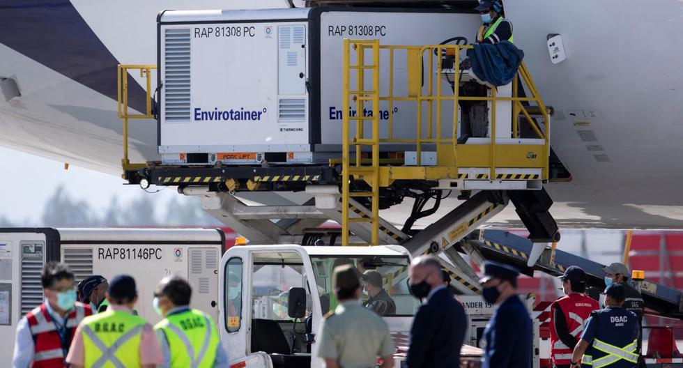 Operarios aeroportuarios descargan el contenedor con las aproximadamente dos millones de vacunas del laboratorio chino Sinovac que llegaron al Aeropuerto Internacional Arturo Merino Benítez, en Santiago (Chile). (EFE/ Alberto Valdes).