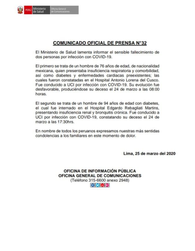 Se elevó a nueve el número de fallecidos en Perú por coronavirus. (Comunicado MINSA)