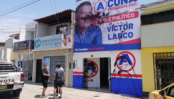 Desconocidos pintarrajearon local de campaña de César Acuña en el distrito de Víctor Larco. Policía investiga este ataque. (Foto: Jabín Gonzáles)