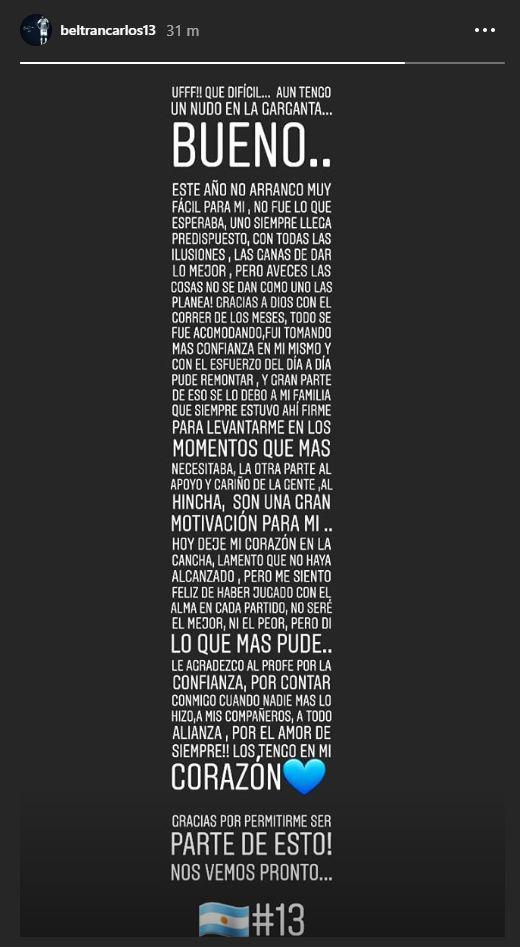 Carlos Beltrán escribió una sentida carta en su cuenta de Instagram. (Captura)