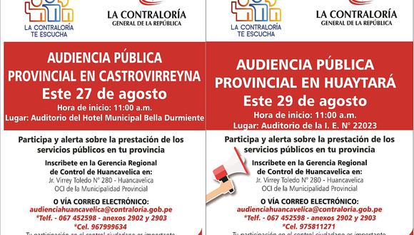Este 27 y 29 de agosto la Contraloría hará audiencias públicas en Huancavelica
