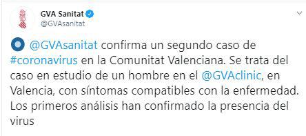 La Conselleria de Sanidad Universal y Salud Pública confirmó el segundo caso de coronavirus en la comunidad.